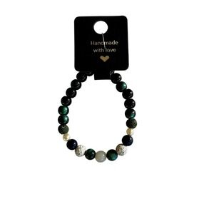 Handmade Beaded Bracelet Dark Green‎ Black and Accents Elastic Jewelry Gift